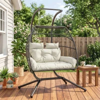 Outsunny Double Wicker Egg Swing Chair with Stand, Foldable Hanging Egg Chair with UV Resistant Cushion, Headrest, Cream White(m-1)