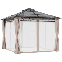 Outsunny 10' x 10' Outdoor Hardtop Gazebo Canopy w/ Double PC Roof, Steel Frame, Nettings, Curtains for Garden Lawn Deck, Khaki(m-2)
