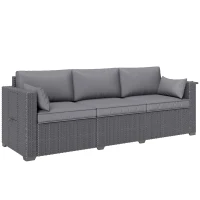 Outsunny 3 Seater Wicker Patio Sofa with Side Trays, Outdoor Couch with 6" Thick Back Cushions, Deep Seating, Grey(m-9)