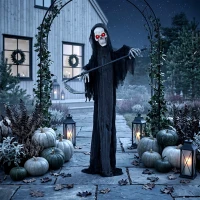 HOMCOM 6FT Life Size Halloween Animatronics, Animated Grim Reaper Halloween Decorations with Sound Touch Activated and LED Eyes(m-8)