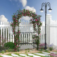 Outsunny 80" Tall Fairy Garden Arbor Arch with Bench Metal Outdoor Plant Climbing Support Trellis with 2 Seater Bench for Rose Vines Black(m-8)