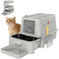 PawHut 80L XL Stainless Steel Cat Litter Box for Big Cats with Flip Cover, Pull-Out Drawer Tray, High Sided, Pedal, Light Grey(m-9)