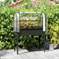 Outsunny Raised Garden Bed with Flip-Up Greenhouse Cover, Metal Elevated Garden Bed with Legs and Drainage Hole, Black(m-8)