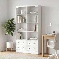 HOMCOM Bookshelf with 8 Cubbies and 4 Drawers, 5-Tier Double Wide Bookcase with Storage, Standing Book Cabinet, White(m-1)