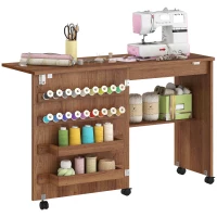 HOMCOM Sewing Machine Table on Wheels, Folding Craft Table with 2 Bins, Storage Shelf, 18 Pegs, Lockable Wheels, Brown(m-9)
