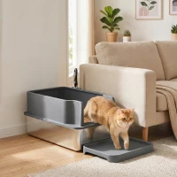 PawHut Stainless Steel Sifting Litter Box for Pine Pellets, Large Metal Litter Box with Sifter Tray, Metal Scoop, 10 Pee Pads(m-10)