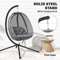 Outsunny Hanging Egg Chair, Outdoor Indoor Swing Chair with Stand, Folding Basket and Thickened Cushion, Grey(m-6)