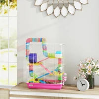 PawHut 5 Tiers Hamster Cage Portable with Exercise Wheels Play Tube Water Bottle Dishes House Ladder for Gerbils, Pink(m-8)