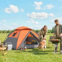 Outsunny Pop up Camping Tent, 3-4 Man Family Tent, 3000mm Waterproof, with Carry Bag and Top Hook, Dark Grey and Orange(m-1)