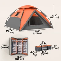 Outsunny Pop up Camping Tent, 3-4 Man Family Tent, 3000mm Waterproof, with Carry Bag and Top Hook, Dark Grey and Orange(m-3)