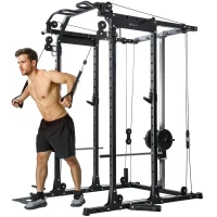 Soozier Multi-Functional Power Rack, Smith Machine Cable Crossover System with Pull Up Bar, Lat-Pull Down System, Landmine(m-9)