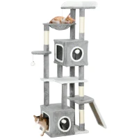PawHut 65 Inch Cat Tree with 2 Doors Condos, Plush Top Perch, Hammock, Sisal Scratching Posts, 4 Pompoms, Ramp, Grey(m-9)