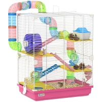 PawHut 5 Tiers Hamster Cage Portable with Exercise Wheels Play Tube Water Bottle Dishes House Ladder for Gerbils, Pink(m-9)