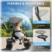 Aosom Tricycle for Toddler 6-in-1 Kids Trike, Foldable Converts Stroller to Baby Push Bike, Adjustable Backrest with Detachable Guardrail & Handle, Brake for 1-4 Years Old, Grey(m-5)