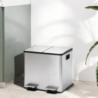 HOMCOM Garbage Bin, Soft-Close Trash Can with Foot Pedal, 2x4 Gallon (2x15 L) Garbage Can with Removable Inner Buckets, Silver(m-8)