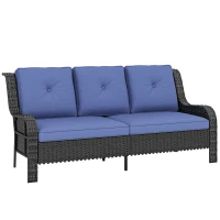 Outsunny Wicker Patio Sofa with Cushions, 3 Seater Rattan Outdoor Couch for Patio, Garden, Porch, Backyard, Deep Blue(m-9)