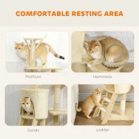 PawHut 53" Cat Tree Tower, Kitten Activity Centre with Scratching Posts, Condo, Perches, Ladder, Hammock, Dangling Toys, Beige(m-5)