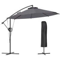 Outsunny 118.1" Patio Offset Umbrella with Cover and Wind Protection Strap,with Crank Handle and Tilt, UPF50+, Grey(m-9)