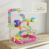 PawHut 5 Tiers Hamster Cage Portable with Exercise Wheels Play Tube Water Bottle Dishes House Ladder for Gerbils, Pink(m-3)