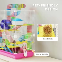 PawHut 5 Tiers Hamster Cage Portable with Exercise Wheels Play Tube Water Bottle Dishes House Ladder for Gerbils, Pink(m-5)