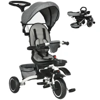 Aosom Tricycle for Toddler 6-in-1 Kids Trike, Foldable Converts Stroller to Baby Push Bike, Adjustable Backrest with Detachable Guardrail & Handle, Brake for 1-4 Years Old, Grey(m-2)