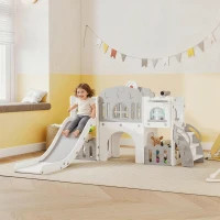 Qaba 9 in 1 Toddler Slide with Basketball Hoop, Climber, Telescope, Tunnel, Steering Wheel, for 1-3 Years, Grey(m-1)