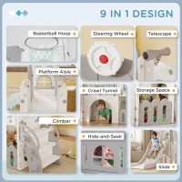Qaba 9 in 1 Toddler Slide with Basketball Hoop, Climber, Telescope, Tunnel, Steering Wheel, for 1-3 Years, Grey(m-4)