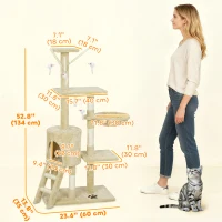 PawHut 53" Cat Tree Tower, Kitten Activity Centre with Scratching Posts, Condo, Perches, Ladder, Hammock, Dangling Toys, Beige(m-3)