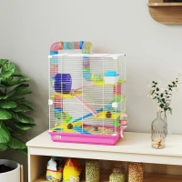 PawHut 5 Tiers Hamster Cage Portable with Exercise Wheels Play Tube Water Bottle Dishes House Ladder for Gerbils, Pink(m-1)