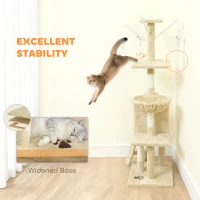 PawHut 53" Cat Tree Tower, Kitten Activity Centre with Scratching Posts, Condo, Perches, Ladder, Hammock, Dangling Toys, Beige(m-6)