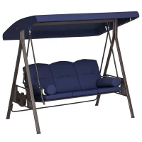 Outsunny Outdoor Patio 3-Person Steel Canopy Cushioned Seat Bench Swing with Included Side Trays & Padded Comfort, Dark Blue(m-9)