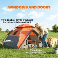 Outsunny Pop up Camping Tent, 3-4 Man Family Tent, 3000mm Waterproof, with Carry Bag and Top Hook, Dark Grey and Orange(m-6)