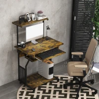 HOMCOM 32" Mobile Computer Table, Rolling Study Desk for Home Office with Keyboard Tray, Storage Shelves, Wheels, Rustic Brown(m-8)