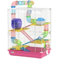 PawHut 5 Tiers Hamster Cage Portable with Exercise Wheels Play Tube Water Bottle Dishes House Ladder for Gerbils, Pink(m-2)