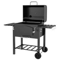 Outsunny Charcoal Smoker Adjustable Height, Folding Shelves, Thermometer, and Wheels, Black(m-9)