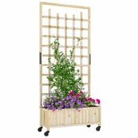 Outsunny Wooden Planter with Trellis, Raised Garden Bed with Wheels, Drainage Holes for Climbing Plants, Flowers, Nature Wood(m-9)