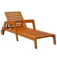Outsunny Wood Lounge Chair Outdoor Tanning Chair with Wheels, 3-Position Adjustable Backrest and Armrests, Orange(m-9)