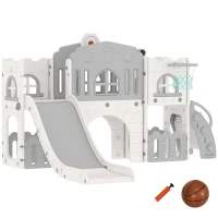 Qaba 9 in 1 Toddler Slide with Basketball Hoop, Climber, Telescope, Tunnel, Steering Wheel, for 1-3 Years, Grey(m-2)