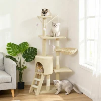 PawHut 53" Cat Tree Tower, Kitten Activity Centre with Scratching Posts, Condo, Perches, Ladder, Hammock, Dangling Toys, Beige(m-8)