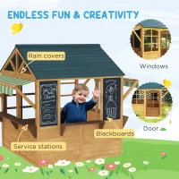 Qaba Wooden Foldable Outdoor Playhouse for Kids Ages 3-8, Snack Bars, Working Door, Rain Covers, Blackboards, Brown(m-6)