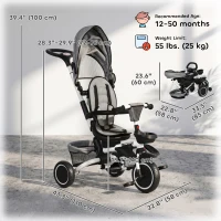 Aosom Tricycle for Toddler 6-in-1 Kids Trike, Foldable Converts Stroller to Baby Push Bike, Adjustable Backrest with Detachable Guardrail & Handle, Brake for 1-4 Years Old, Grey(m-3)