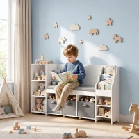 Qaba Kids Storage Shelf with Reading Nook, Toy Storage Organizer with Seat Cushion, 3 Fabric Drawers for Playroom, Nursery(m-1)