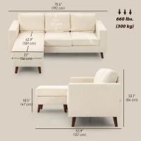 HOMCOM Sectional Sofa with Changeable Chaise Lounge, 3 Seat L-Shaped Sofa, Upholstered Couch for Small Space, Cream White(m-3)