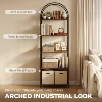 HOMCOM Bookshelf 5 Tier Arched Bookcase, 73.2" Tall Industrial Open Book Shelves with Metal Frame, Rustic Brown(m-4)