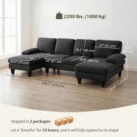 HOMCOM Sectional Sofa, U Shaped Couch with Double Chaise, Pillow-top Armrests and Spring Cushions, 2200lb Capacity, Dark Grey(m-3)