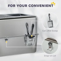 PawHut Stainless Steel Cat Litter Box with Lid, Extra Large Enclosed Litter Box with Top Litter-Catching Holes, Scoop, Silver(m-7)