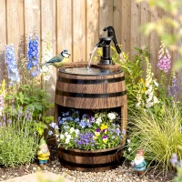 Outsunny 23" H Outdoor Water Fountain Wood and Plastic Rustic Apple Barrel Pump Garden Decor for Outside Backyard(m-8)