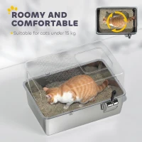 PawHut Stainless Steel Cat Litter Box with Lid, Extra Large Enclosed Litter Box with Top Litter-Catching Holes, Scoop, Silver(m-5)