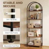 HOMCOM Bookshelf 5 Tier Arched Bookcase, 73.2" Tall Industrial Open Book Shelves with Metal Frame, Rustic Brown(m-6)