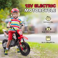 Qaba 12V Kids Dirt Bike, Electric Motorcycle with Twist Grip Throttle, Training Wheels, Rear Suspension & Music, Red(m-6)